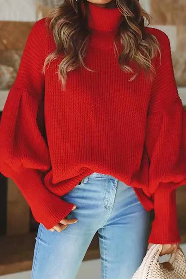 Casual Solid Patchwork Turtleneck Tops Sweater