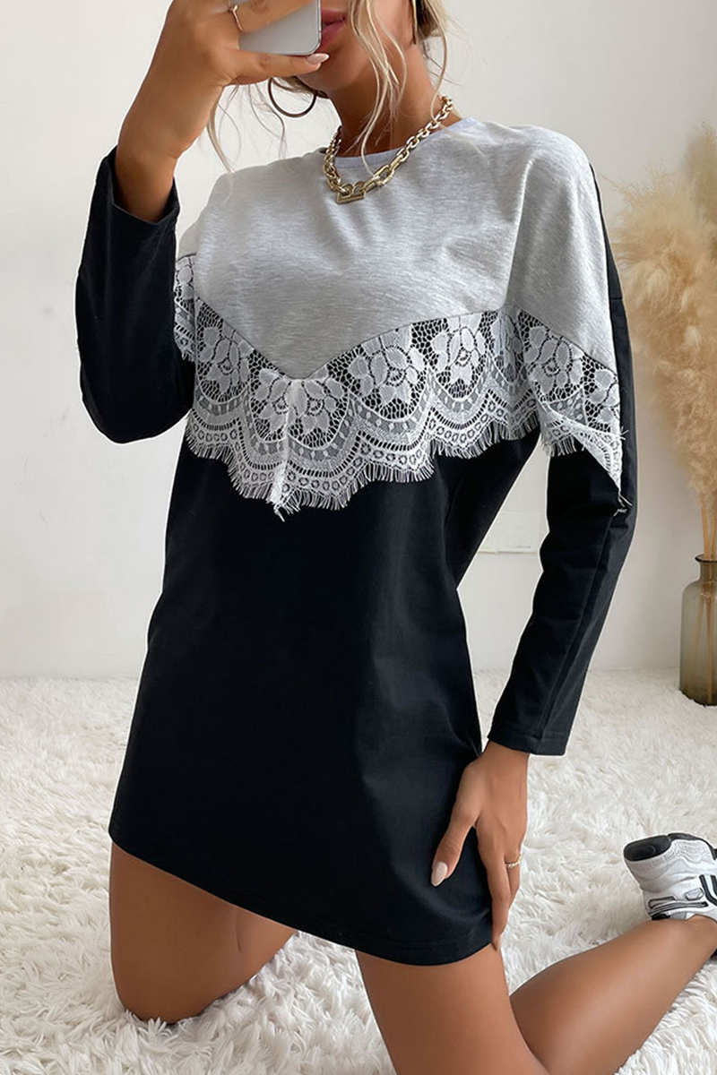 Street Patchwork Lace  Contrast O Neck Dresses