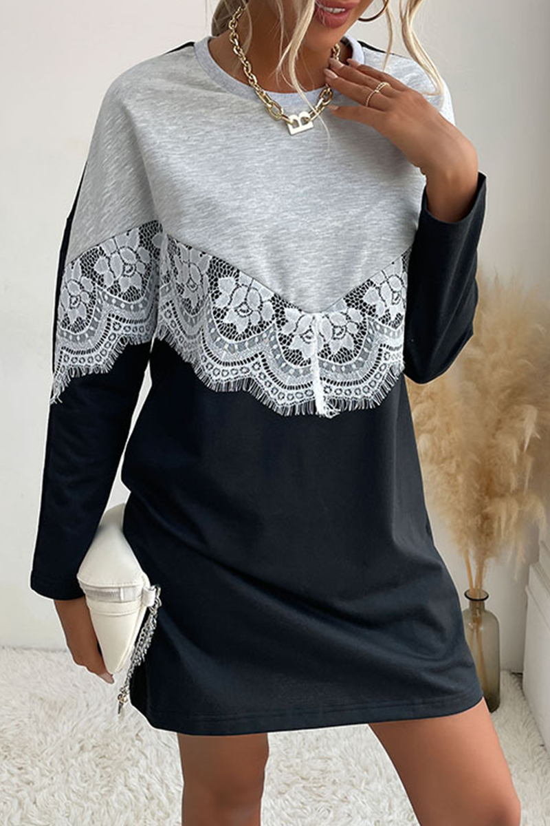 Street Patchwork Lace  Contrast O Neck Dresses