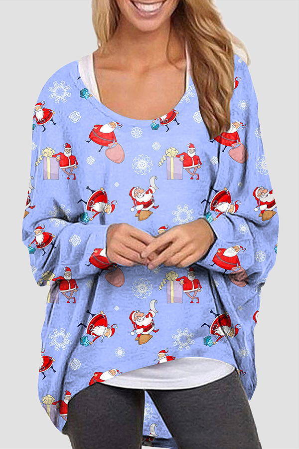 Casual Santa Claus Snowman Printed Basic O Neck Tops