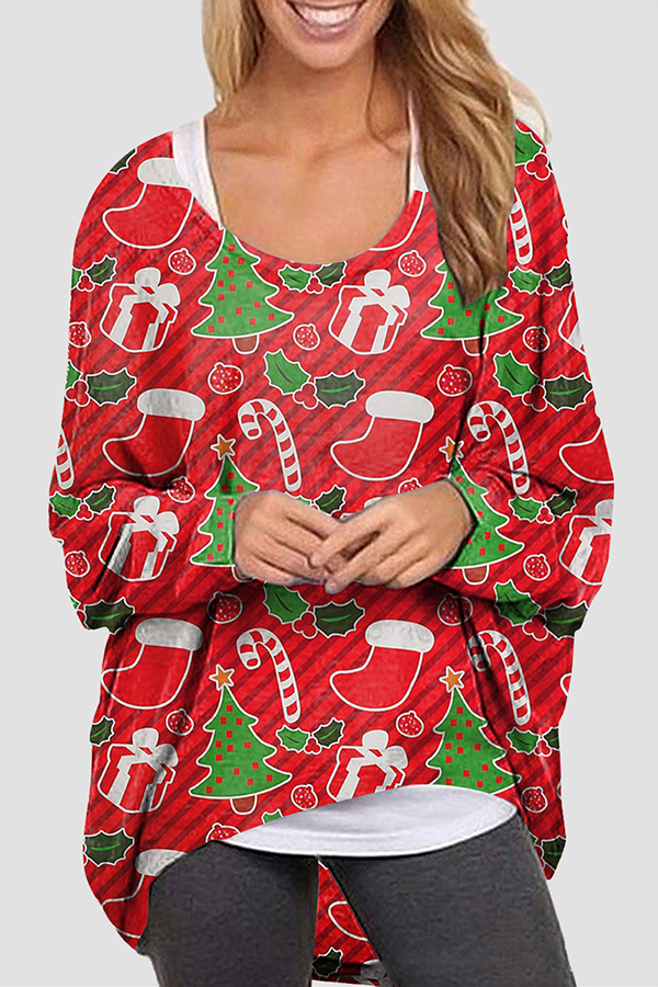 Casual Santa Claus Snowman Printed Basic O Neck Tops