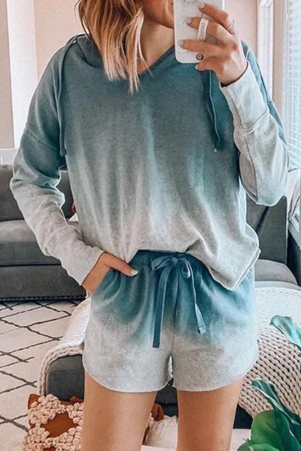 Casual Print Make Old Draw String Hooded Collar Long Sleeve Two Pieces