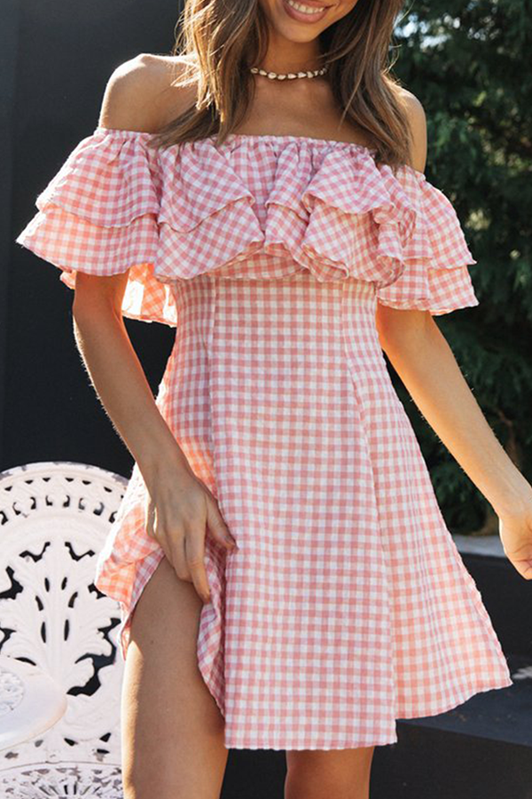 Fashion Sweet Plaid Split Joint Flounce Off the Shoulder A Line Dresses