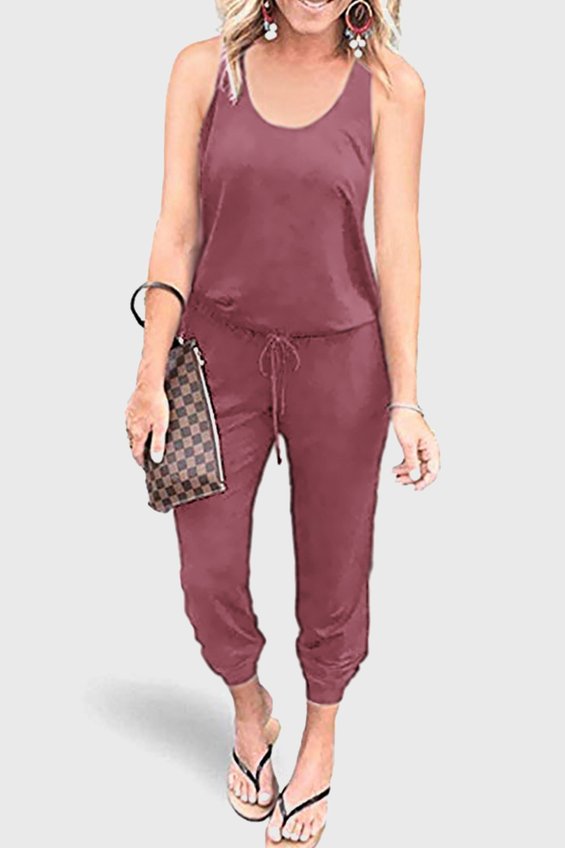 Casual Solid Patchwork Frenulum U Neck Jumpsuits(4 Colors)