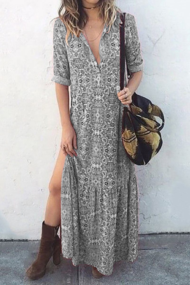 Casual Print Split Joint Turndown Collar Straight Dresses(3 colors)