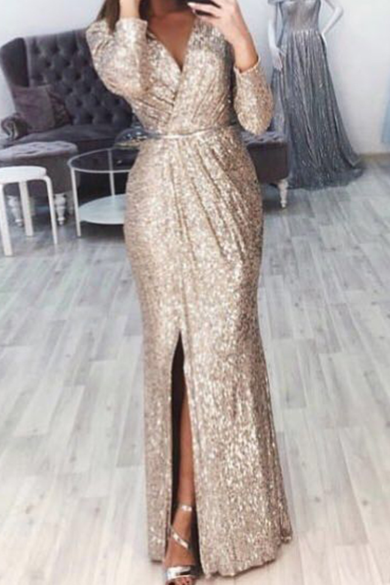 Sexy Solid Slit V Neck Trumpet Mermaid Dresses