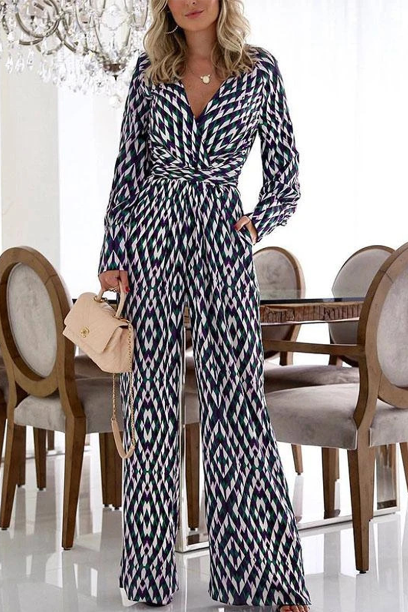 Casual Print Patchwork V Neck Boot Cut Jumpsuits