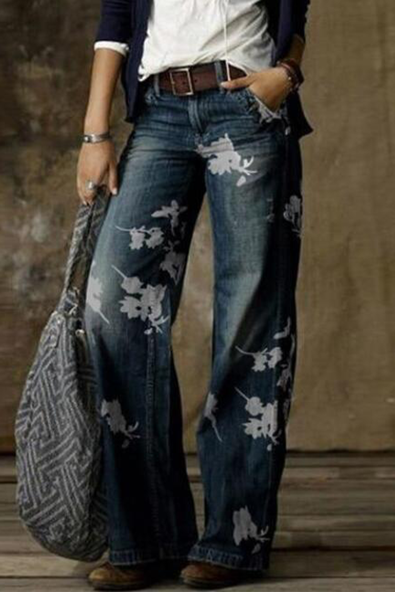 Casual Print Patchwork Mid Waist Boot Cut Denim Jeans(5 Colors)