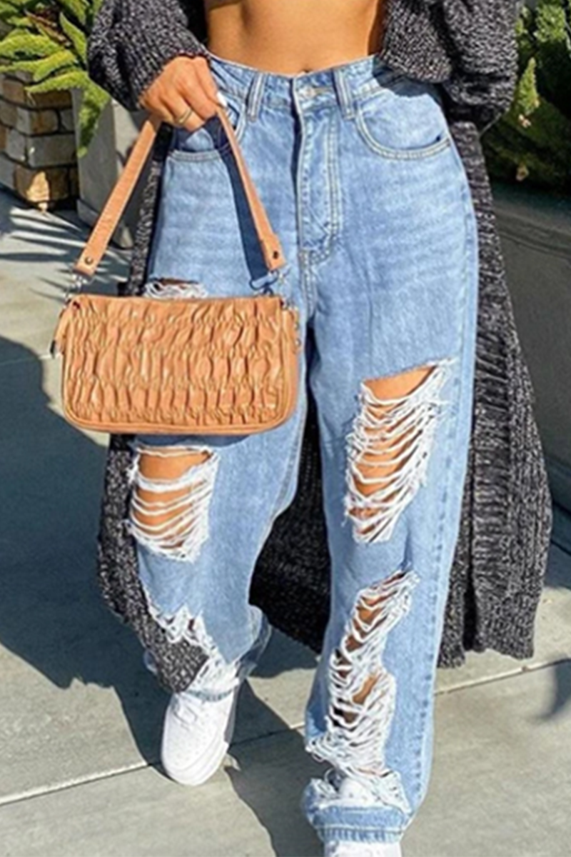 Casual Solid Ripped Mid Waist Harlan Denim Jeans