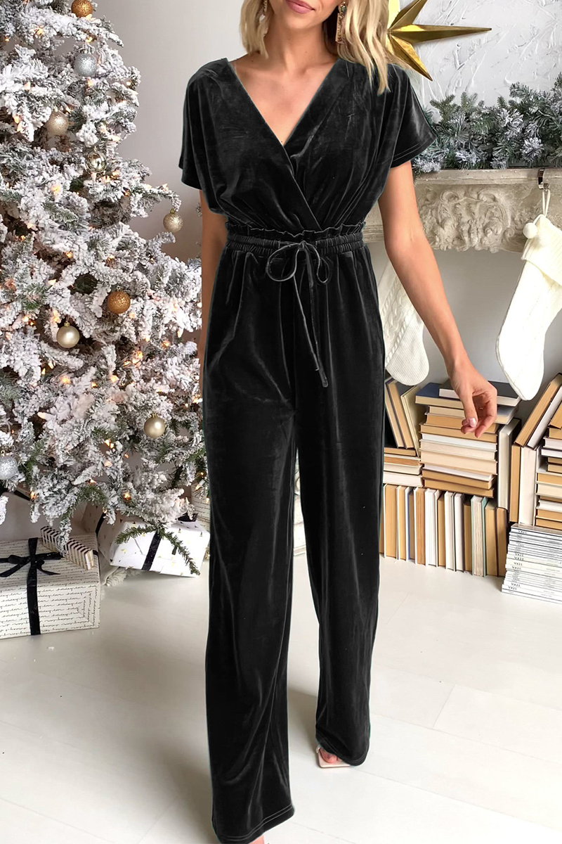 Casual Solid Split Joint V Neck Straight Jumpsuits