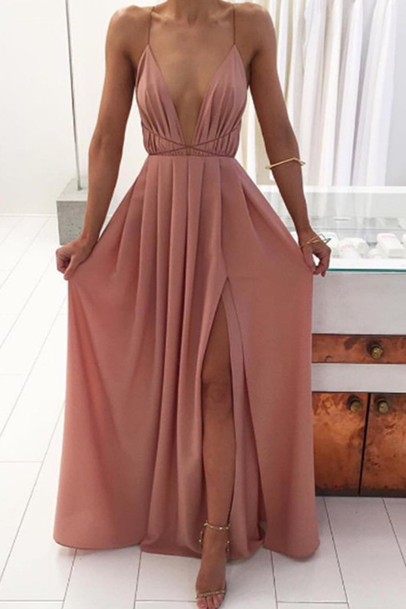 Casual Solid Split Joint V Neck Waist Skirt Dresses