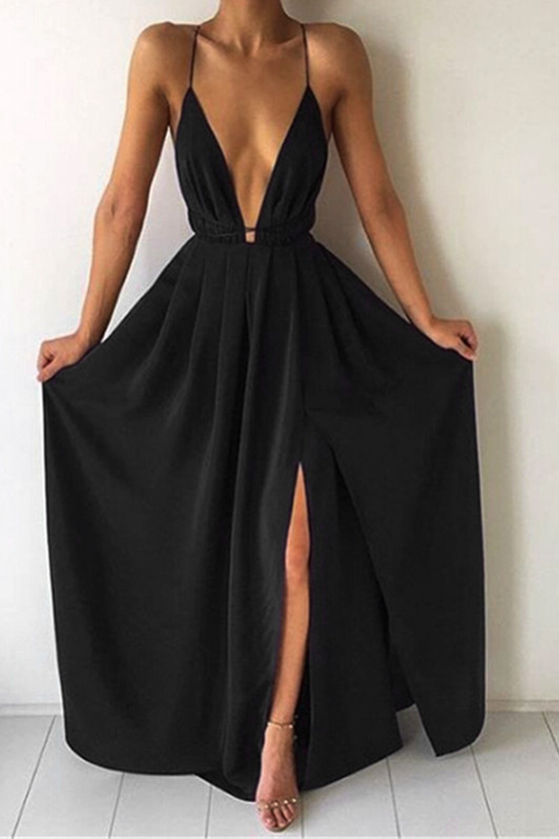 Casual Solid Split Joint V Neck Waist Skirt Dresses