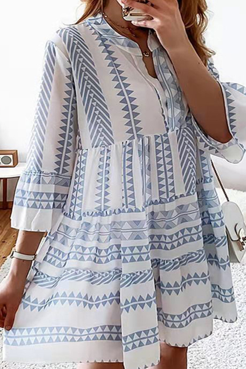 Casual Print Split Joint V Neck Cake Skirt Dresses