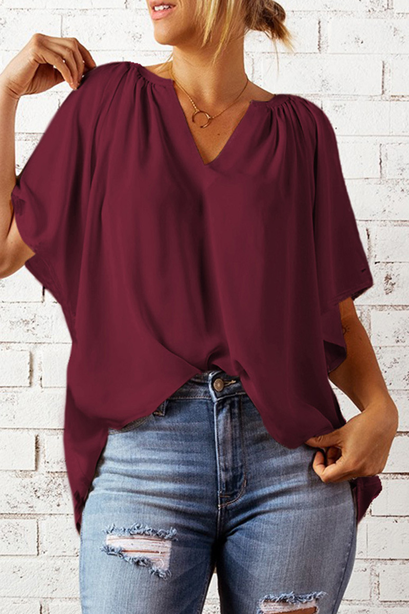 Casual Solid Patchwork V Neck T-Shirts(6 Colors)