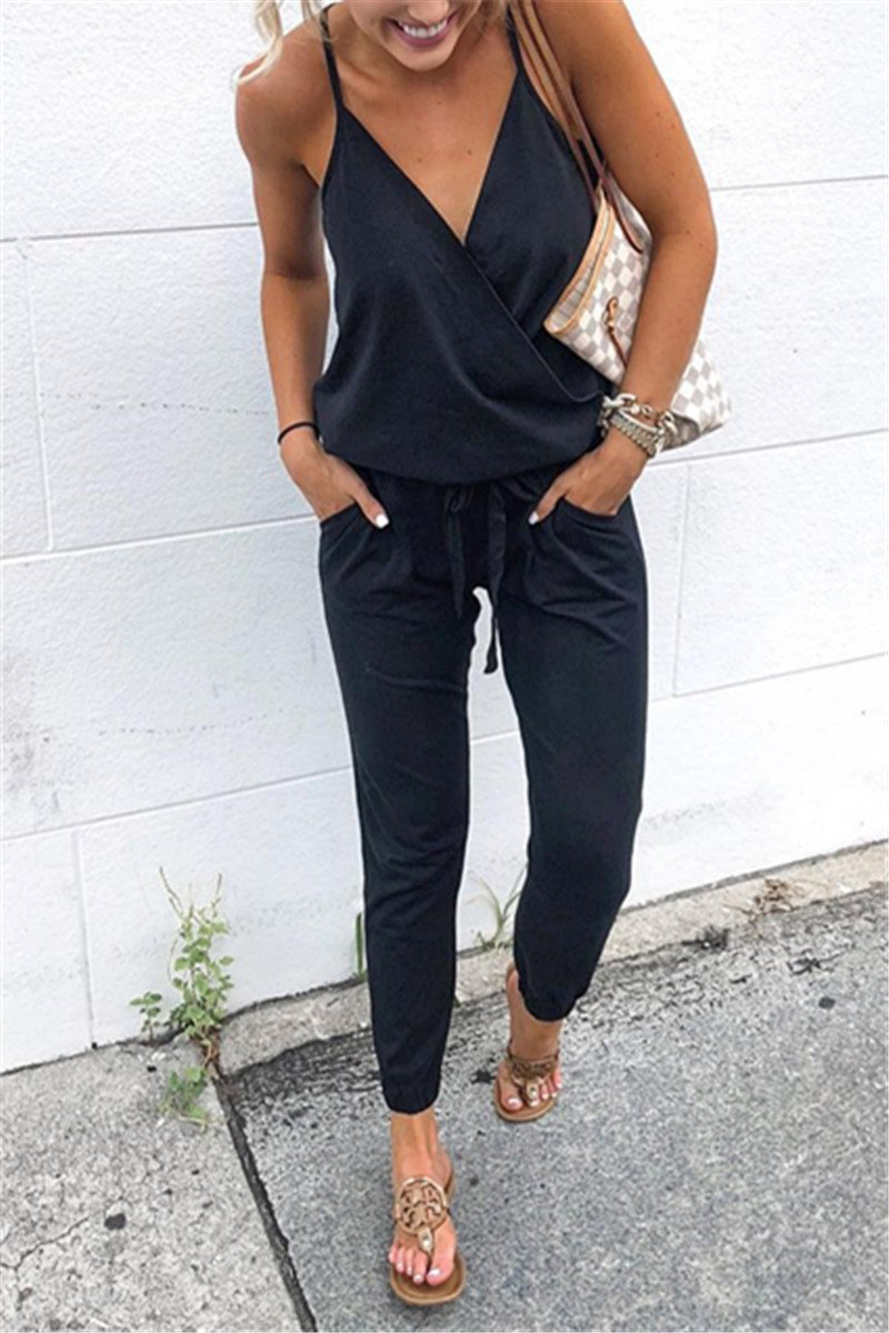Fashion Solid Patchwork Spaghetti Strap Harlan Jumpsuits(5 Colors)