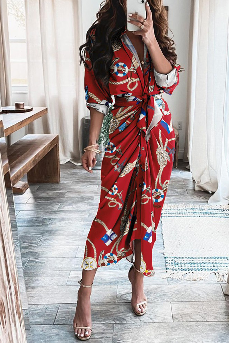 Casual Print Split Joint V Neck Waist Skirt Dresses