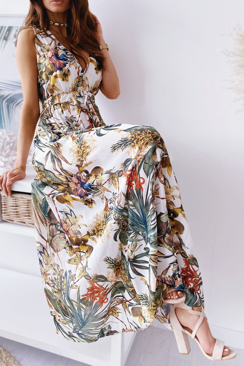 Casual Print Patchwork V Neck Waist Skirt Dresses(4 Colors)