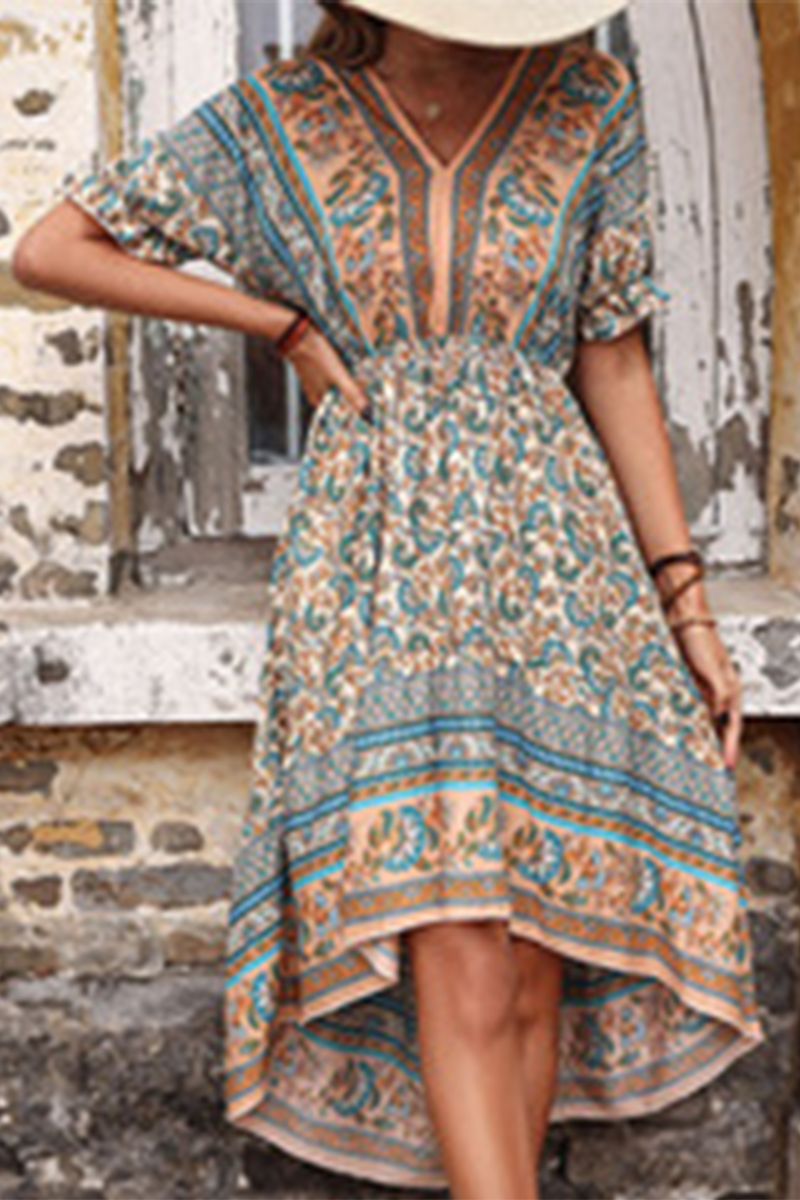 Fashion Print Patchwork V Neck Irregular Dress Dresses