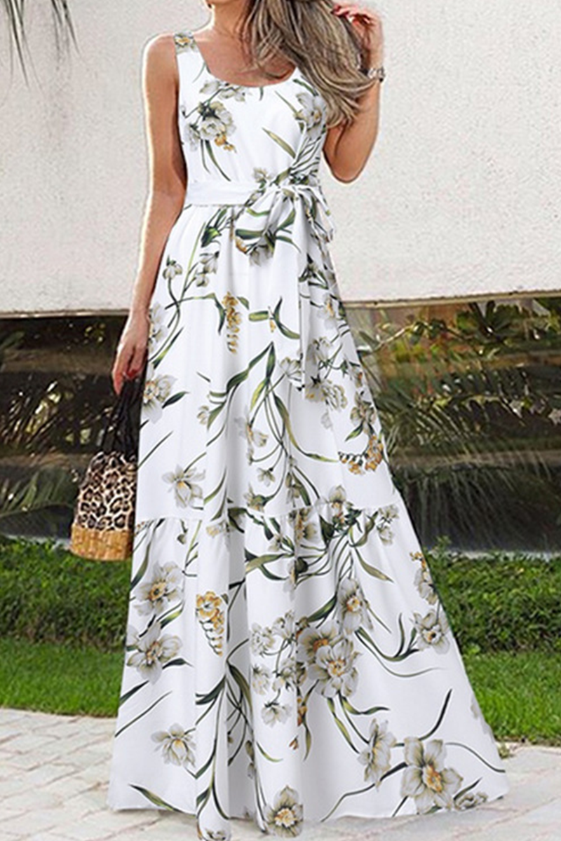 Casual Print Split Joint O Neck Cake Skirt Dresses