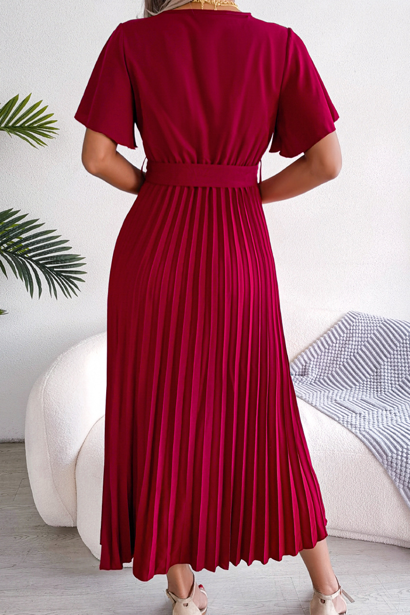 Casual Solid Fold V Neck Waist Skirt Dresses(3 colors)