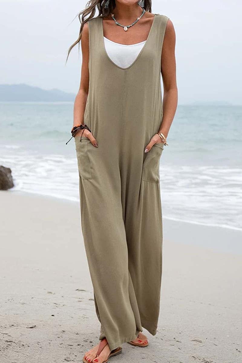 Casual Solid Patchwork U Neck Straight Jumpsuits