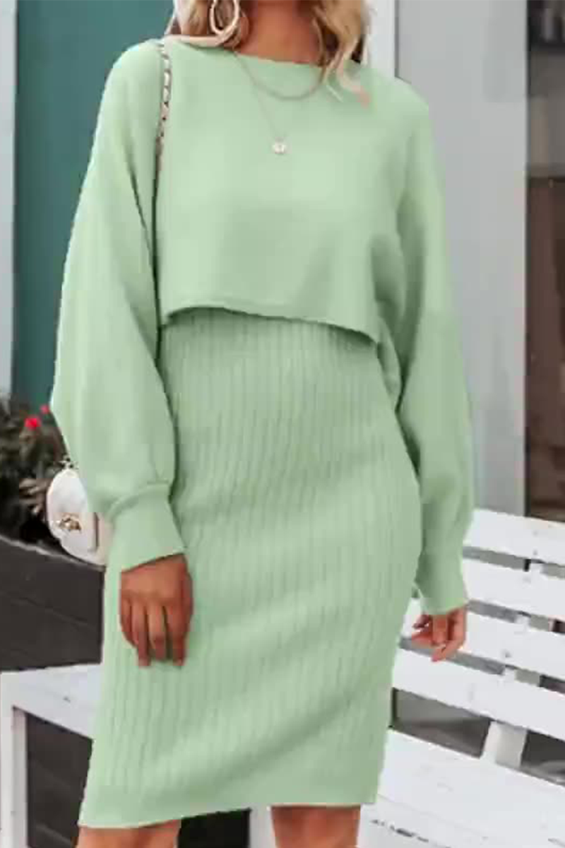 Casual Solid Patchwork O Neck Long Sleeve Two Pieces(3 colors)