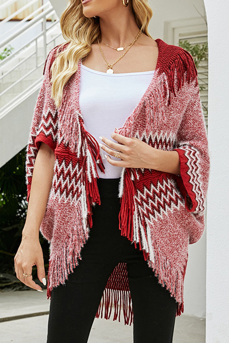 Fashion Patchwork Tassel V Neck Sweaters