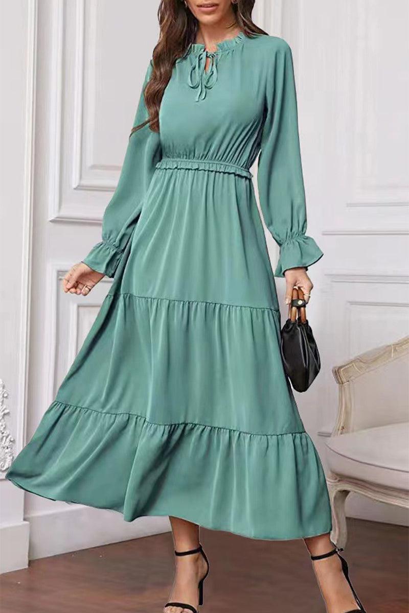 Fashion Elegant Solid Frenulum Lotus Leaf Collar Long Dress Dresses(8 colors)