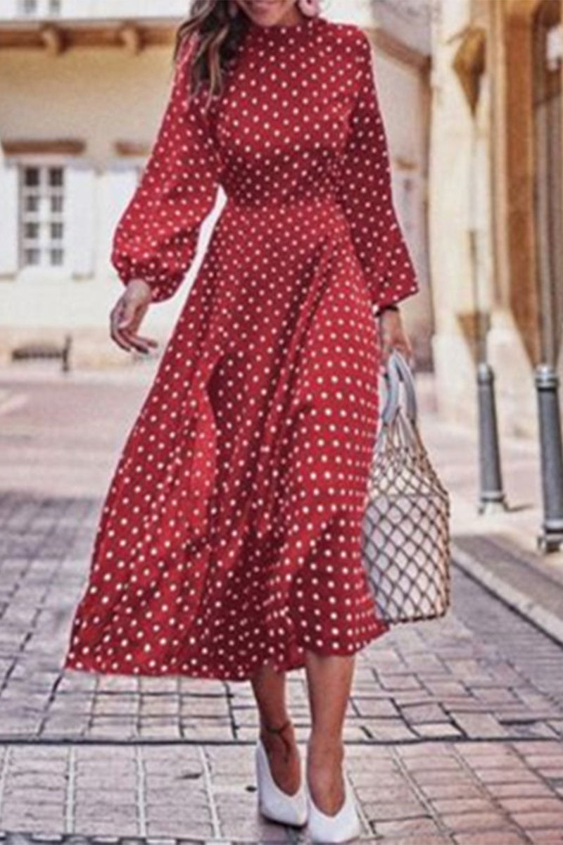 Fashion Print Patchwork O Neck Long Sleeve Dresses(3 Colors)