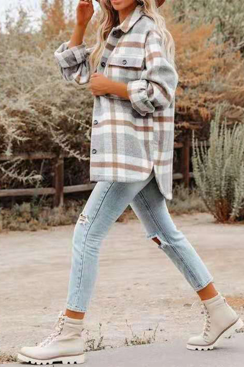 Fashion Casual Plaid Turndown Collar Outerwear(3 Colors)