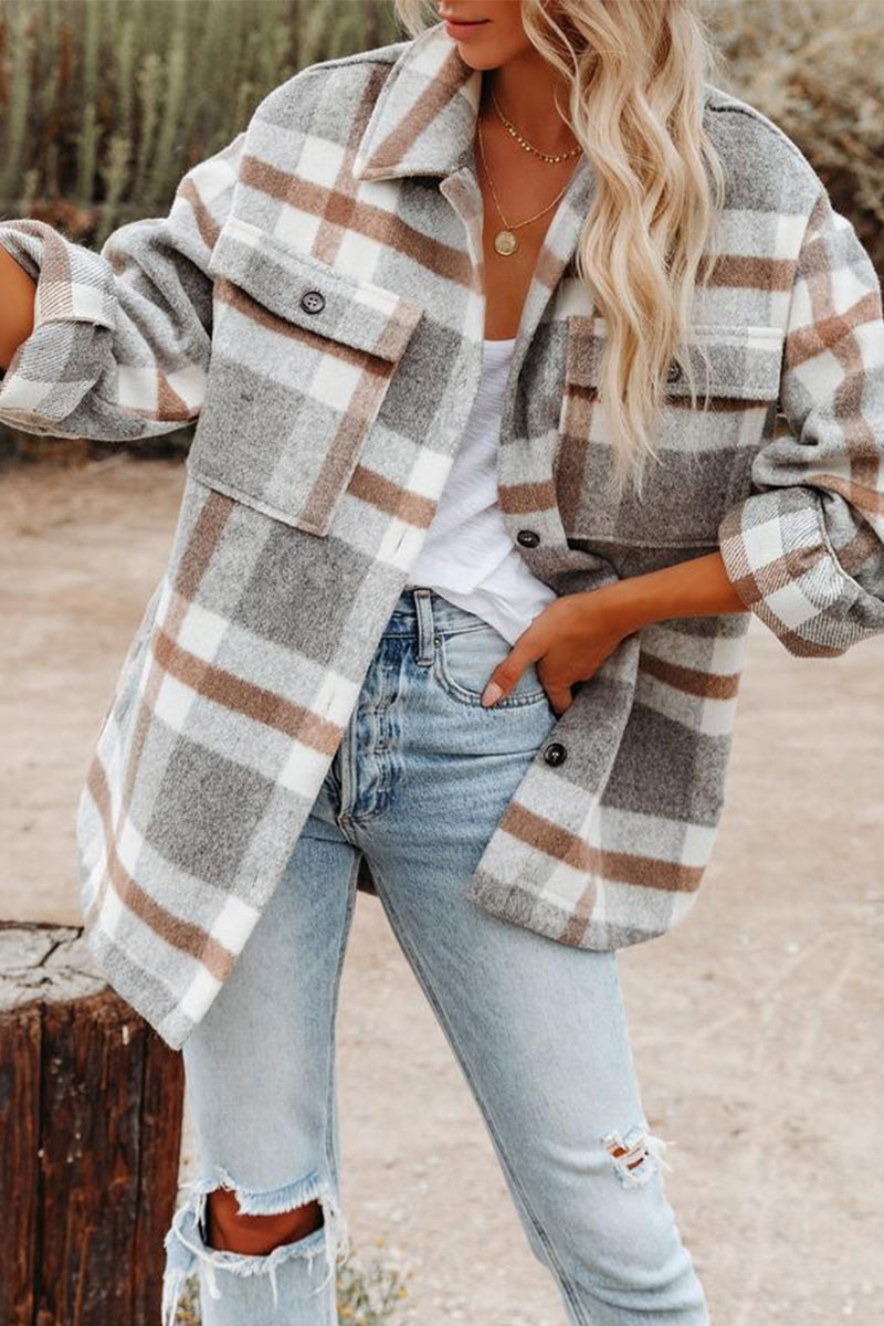 Fashion Casual Plaid Turndown Collar Outerwear(3 Colors)