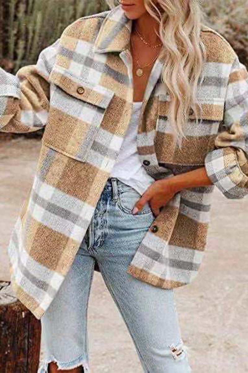 Fashion Casual Plaid Turndown Collar Outerwear(3 Colors)