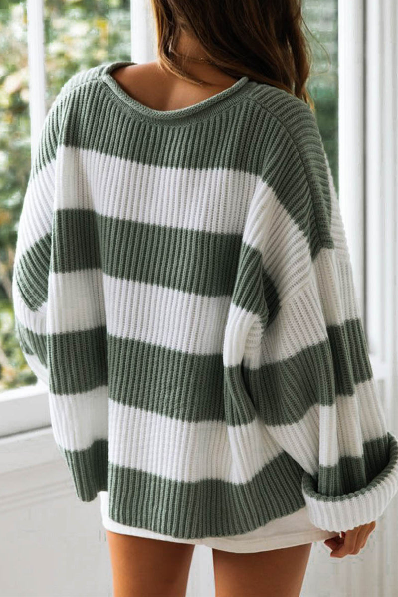 Fashion Sweet Striped Contrast O Neck Sweaters(3 Colors)