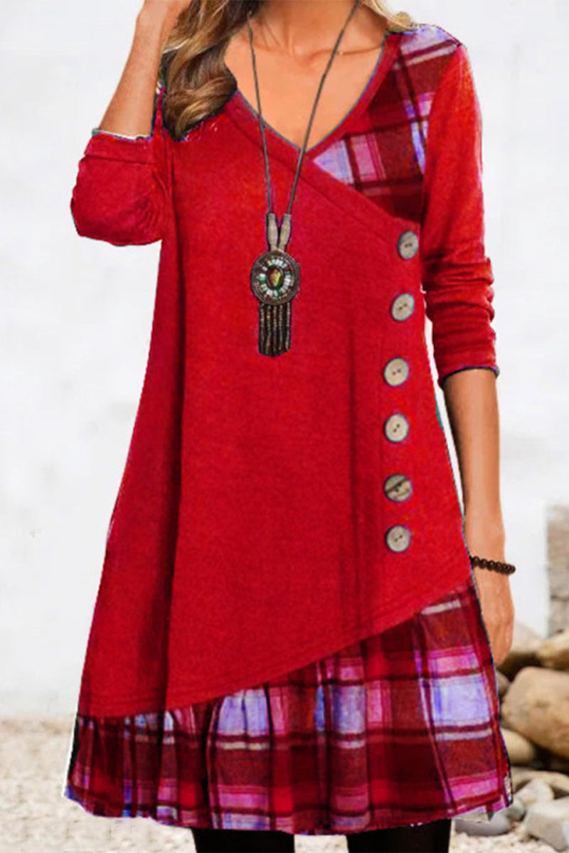 Casual Plaid Patchwork Buttons V Neck A Line Dresses