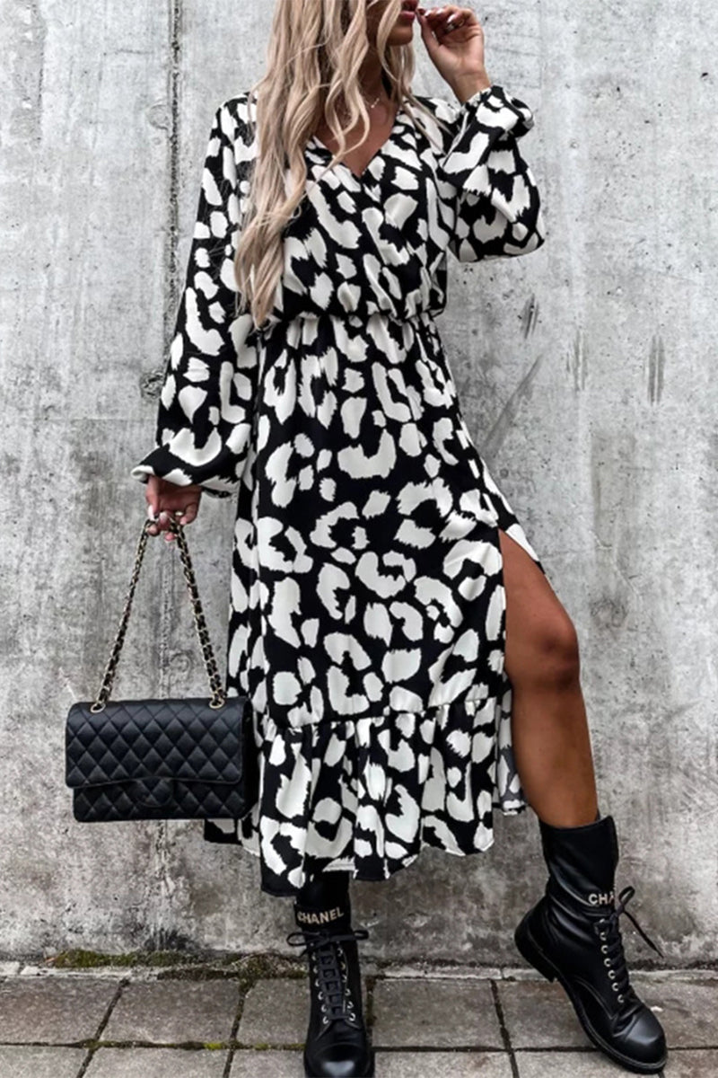 Elegant Leopard Printing V Neck Irregular Dress Dresses