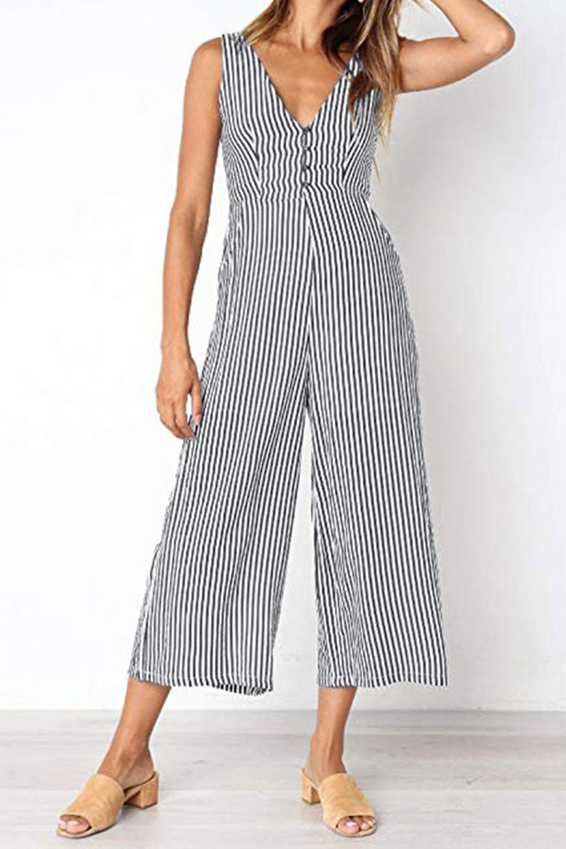 Fashion Casual Striped Patchwork V Neck Loose Jumpsuits