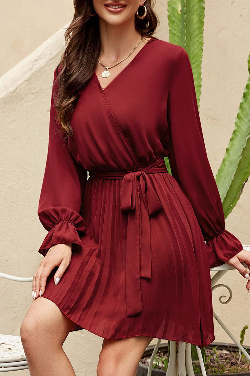 Sweet Patchwork Frenulum Fold V Neck Pleated Dresses(5 Colors)