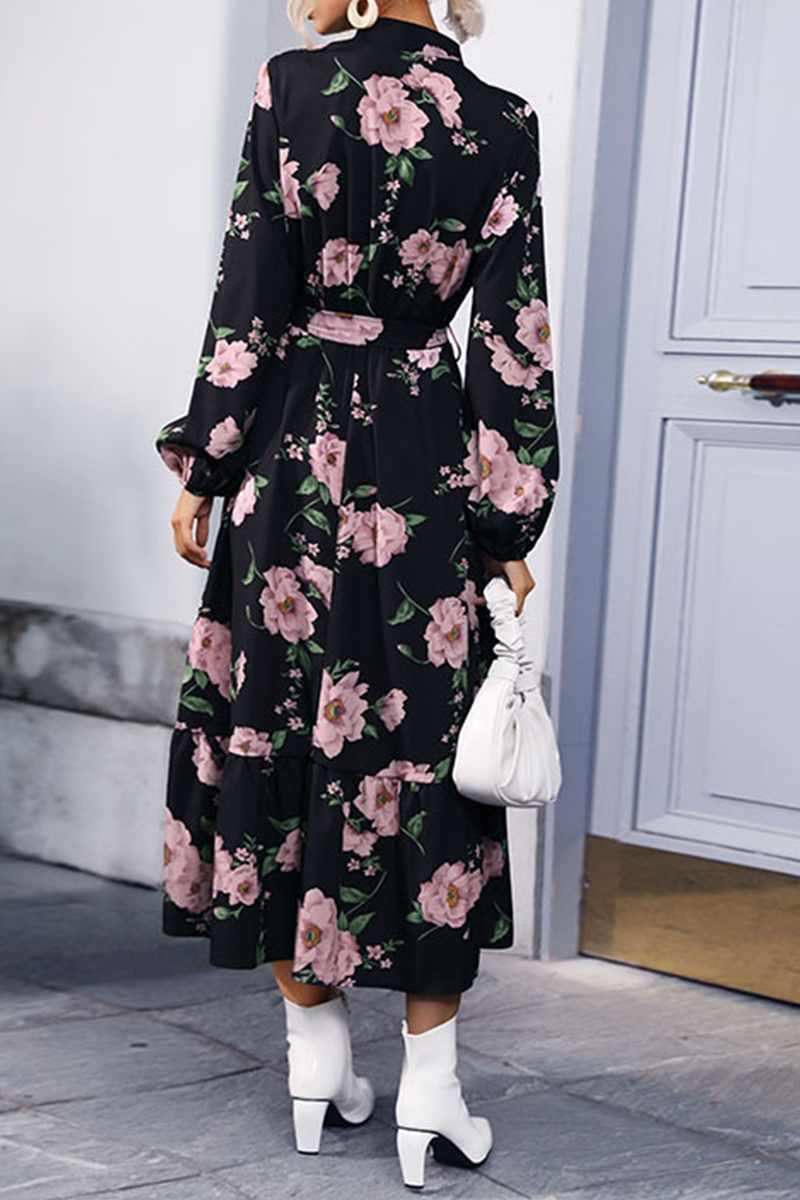 Casual Print Patchwork Half A Turtleneck Waist Skirt Dresses