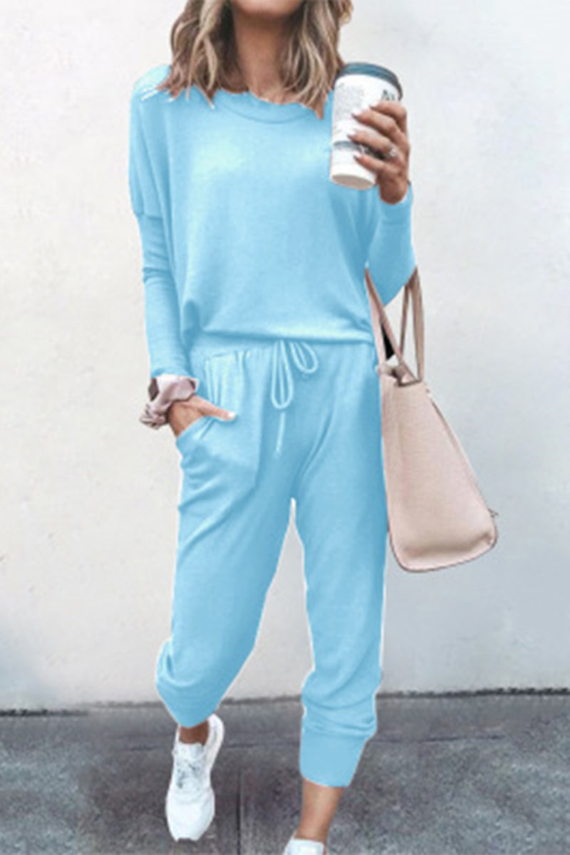 Casual Solid Asymmetrical Solid Color O Neck Long Sleeve Two Pieces