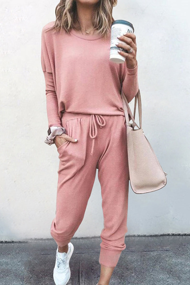 Casual Solid Asymmetrical Solid Color O Neck Long Sleeve Two Pieces