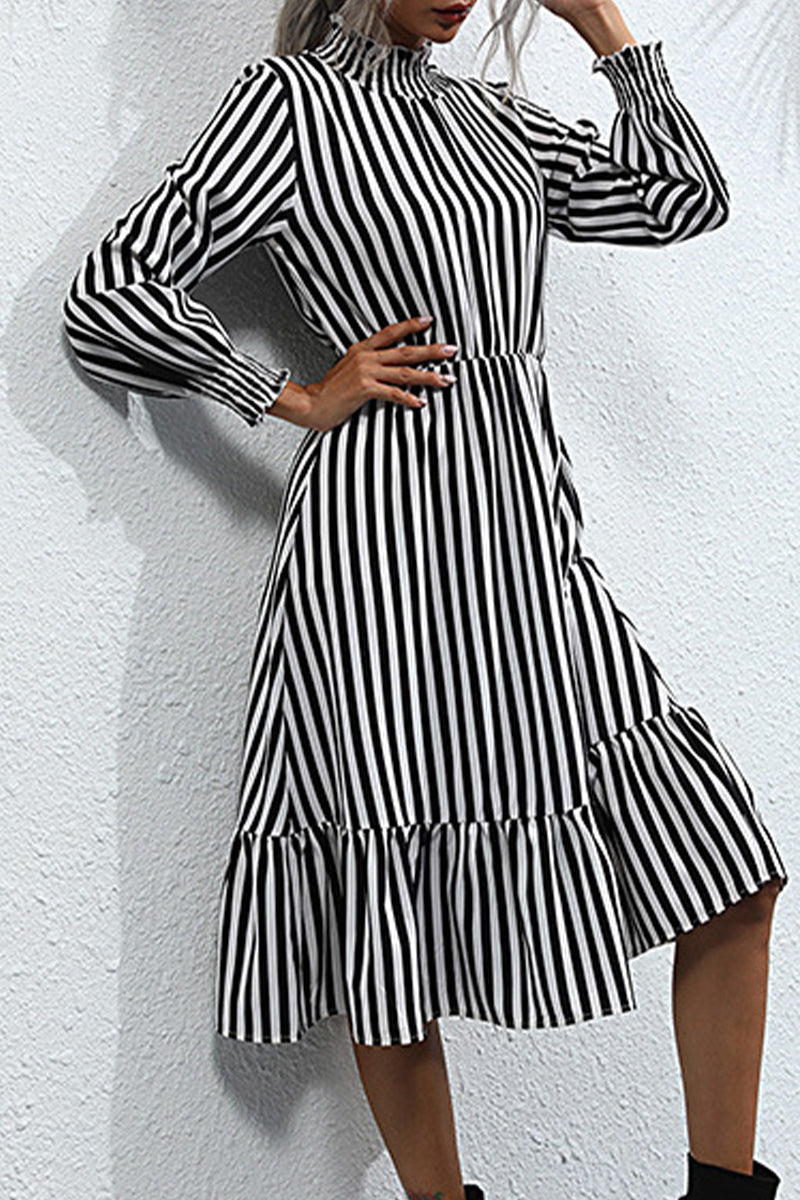 Sweet Elegant Striped Printing Stringy Selvedge Turtleneck A Line Dresses(4 Colors)