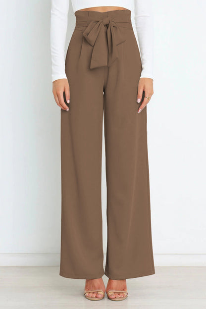 Work Simplicity Solid With Belt Loose High Waist Straight Solid Color Bottoms(11 Colors)
