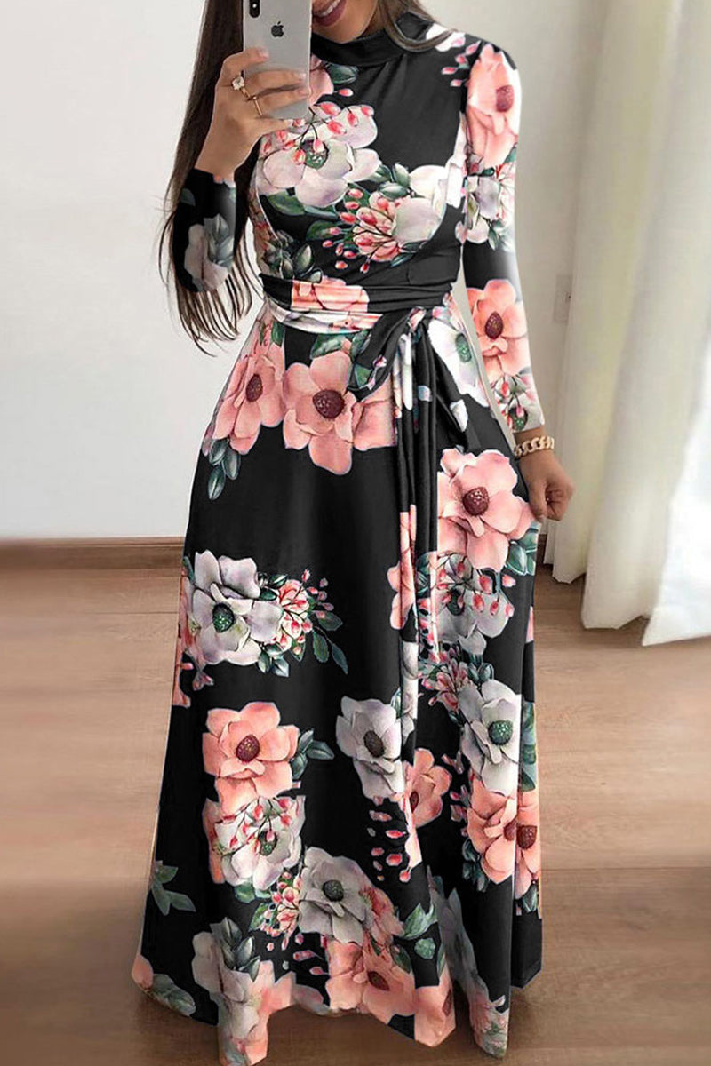 Elegant Print Patchwork Mandarin Collar Asymmetrical Dresses