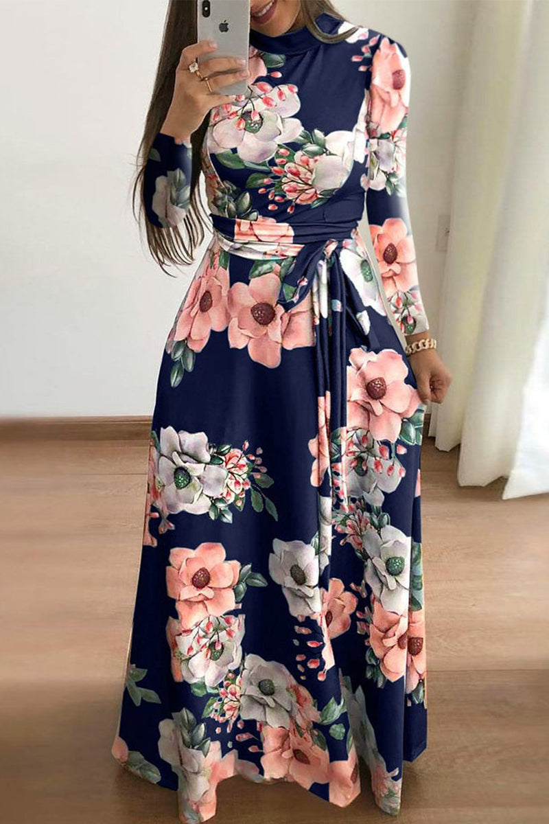 Elegant Print Patchwork Mandarin Collar Asymmetrical Dresses