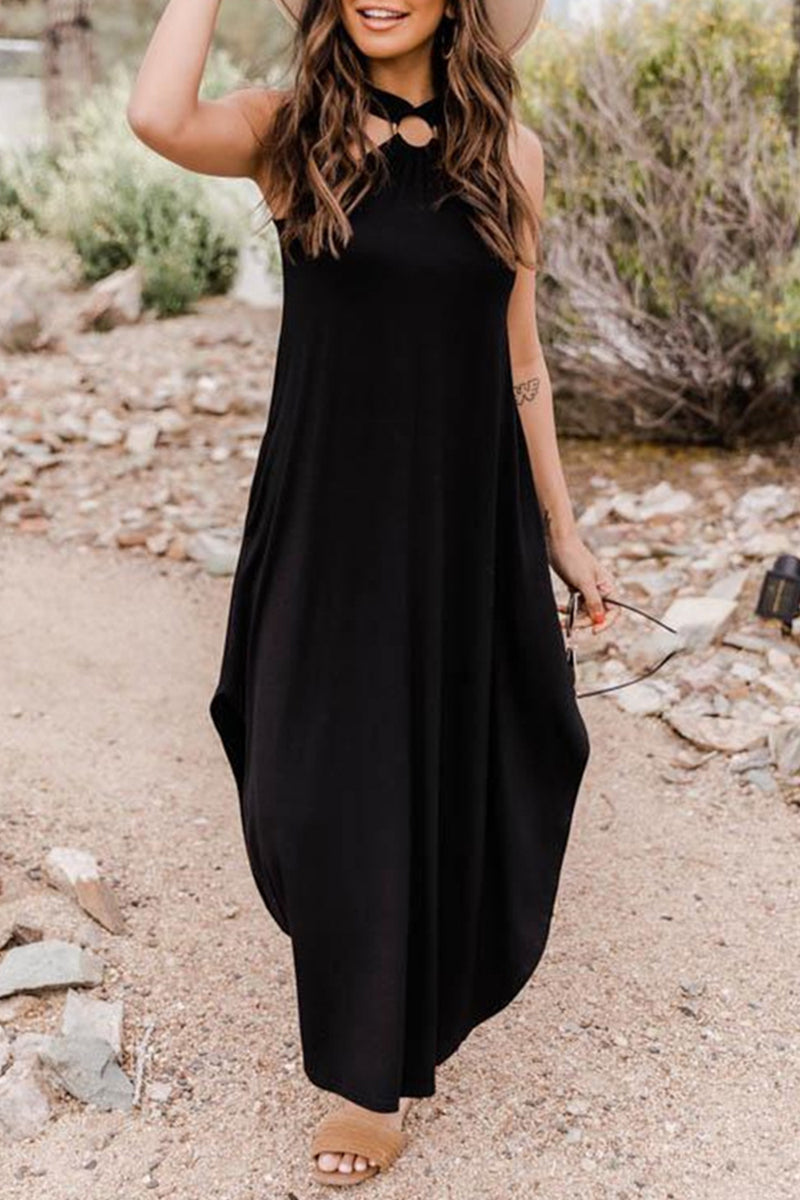 Casual Simplicity Solid Pocket Halter Dresses