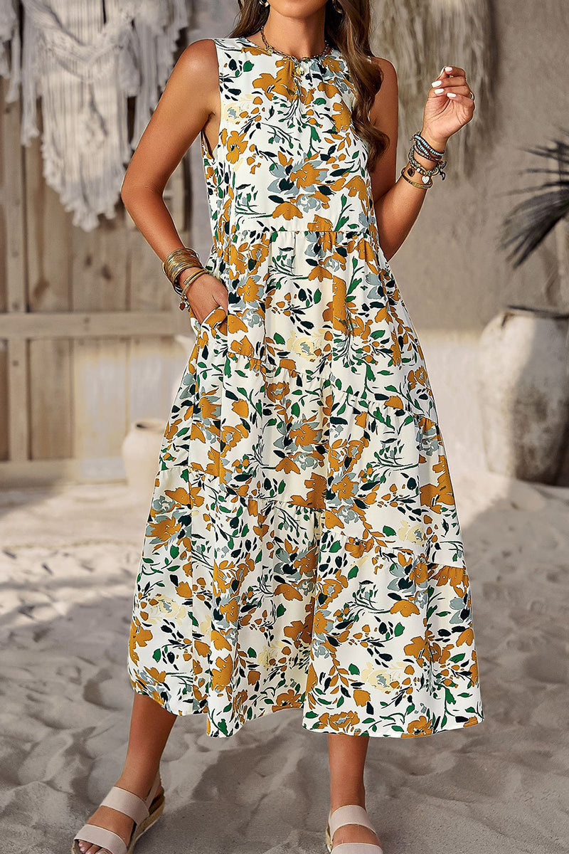 Elegant Floral Pocket Contrast O Neck A Line Dresses