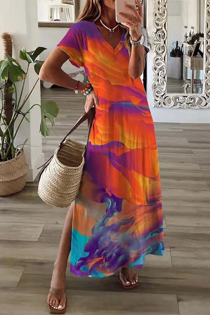 Casual Mixed Printing Patchwork Slit Printed Dress Short Sleeve Dress(8 Colors)