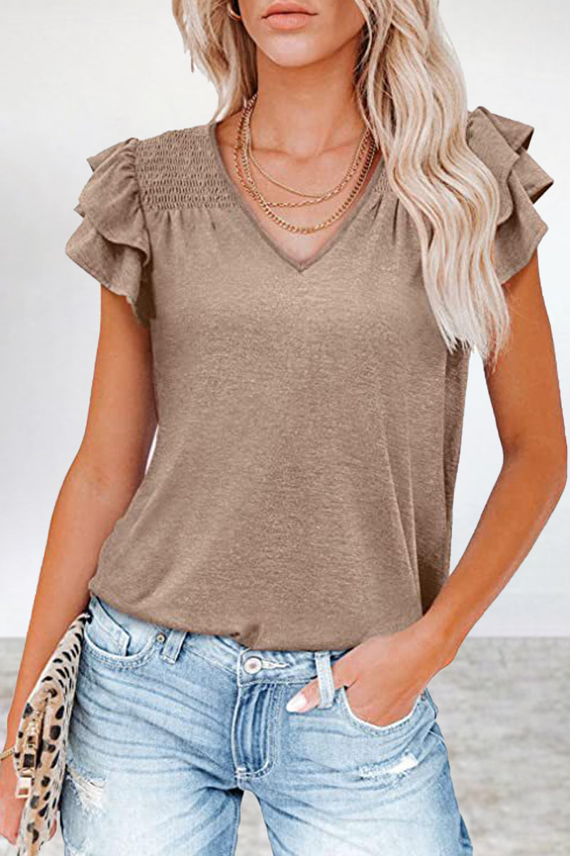 Casual Simplicity Solid Flounce V Neck T-Shirts(5 Colors)