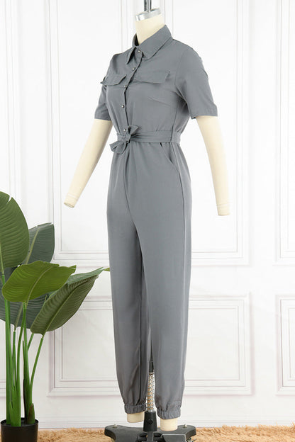 Casual Daily Solid Frenulum With Belt Turndown Collar Regular Jumpsuits(10 Colors)