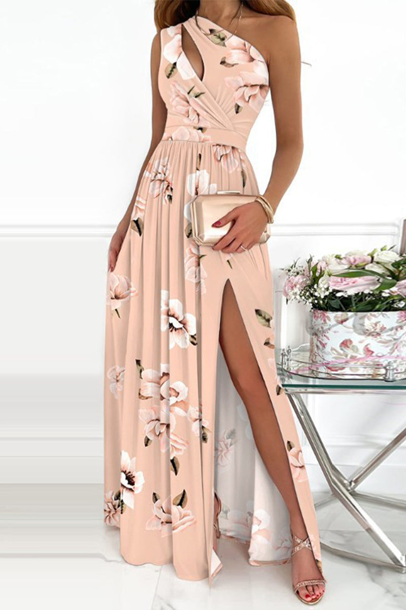 Sexy Elegant Print Hollowed Out Slit Oblique Collar A Line Dresses